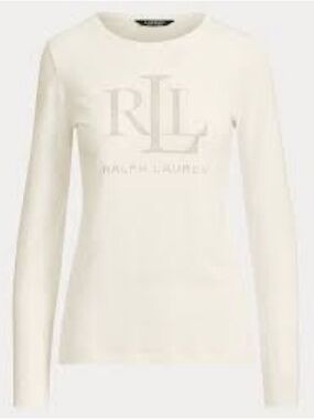 Ralph Lauren White Long-Sleeve Crewneck w/ Embellished RL Logo
